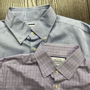 Lot of 2 Charles Tyrwhitt Plaid Blue Non Iron Slim Fit Dress Shirt Men 15 1/2